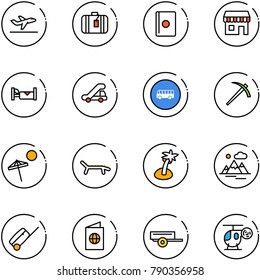 line vector icon set - departure vector, suitcase, passport, duty free, hotel, trap truck, bus road sign, job, beach, lounger, palm, mountains, trailer, helicopter toy