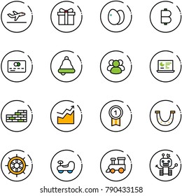 line vector icon set - departure vector, gift, eggs, bitcoin, credit card, bell, group, statistics monitor, brick wall, growth, gold medal, luck, hand wheel, baby car, toy train, robot