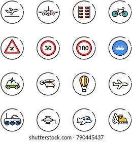 line vector icon set - departure vector, plane, seats, bike, airport road sign, speed limit 30, 100, bus, electric car, helicopter, air balloon, moon rover, jack, toy, excavator