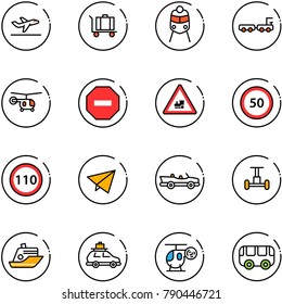 line vector icon set - departure vector, baggage, train, truck, helicopter, no way road sign, railway intersection, speed limit 50, 110, paper fly, cabrio, gyroscope, cruiser, car, toy, bus