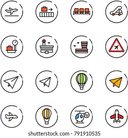 line vector icon set - departure vector, baggage, waiting area, trap truck, scales, airport building, road sign, paper plane, fly, air balloon, helicopter toy