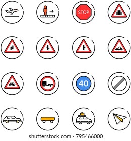 line vector icon set - departure vector, travolator, stop road sign, tunnel, abrupt turn right, intersection, car crash, for moto, no trailer, minimal speed limit, limousine, skateboard, baggage