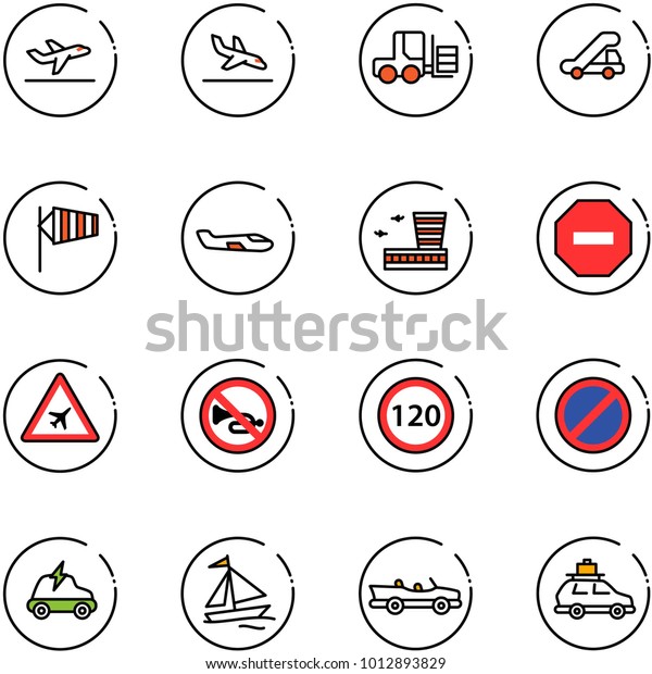 line vector icon set - departure vector, arrival,\
fork loader, trap truck, side wind, small plane, airport building,\
no way road sign, horn, speed limit 120, parking, electric car,\
sail boat, cabrio
