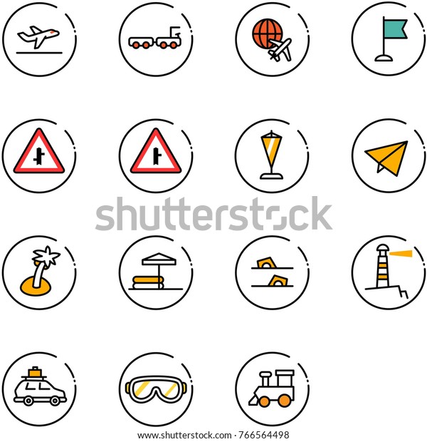 line vector icon set - departure vector, baggage\
truck, plane globe, flag, intersection road sign, pennant, paper\
fly, palm, inflatable pool, flip flops, lighthouse, car, protective\
glasses