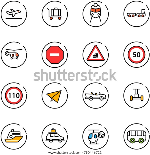 line vector icon set - departure vector, baggage,\
train, truck, helicopter, no way road sign, railway intersection,\
speed limit 50, 110, paper fly, cabrio, gyroscope, cruiser, car,\
toy, bus