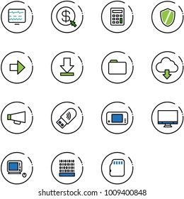 line vector icon set - diagnostic monitor vector, money click, calculator, shield, right arrow, download, folder, cloud, loudspeaker, usb wi fi, game console, monoblock pc, binary code