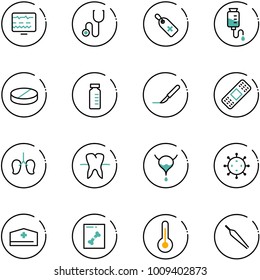 line vector icon set - diagnostic monitor vector, stethoscope, medical label, drop counter, pill, vial, scalpel, patch, lungs, tooth, bladder, virus, doctor hat, x ray, thermometer, forceps
