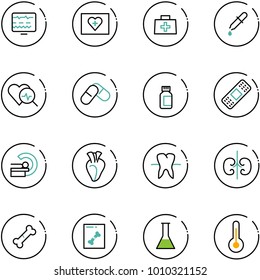 line vector icon set - diagnostic monitor vector, first aid kit, doctor bag, pipette, heart diagnosis, pills, bottle, medical patch, mri, tooth, kidneys, broken bone, x ray, flask, thermometer