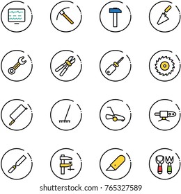 line vector icon set - diagnostic monitor vector, rock axe, hammer, trowel, wrench, bolt cutter, screwdriver, saw disk, metal hacksaw, rake, lawn mower, pipe welding, rasp, clamp, work knife