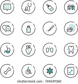 line vector icon set - diagnostic monitor vector, stethoscope, medical label, vial, heart diagnosis, pills bottle, scalpel, mri, stomach, lungs, tooth, broken bone, disabled, ambulance star, x ray