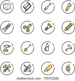 line vector icon set - diagnostic monitor vector, bucksaw, chisel, wrench, bolt cutter, scissors, pencil, drill, shovel, winch, paint roller, hammer, screwdriver, work knife, allen key set