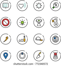 line vector icon set - diagnostic monitor vector, heart beat, virus, money search, prohibition road sign, bulb, cup, rich, growth, dollar chart, cap, globe, navigation pin, standby button, trowel