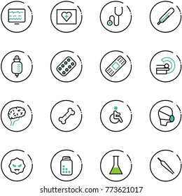 line vector icon set - diagnostic monitor vector, first aid kit, stethoscope, thermometer, drop counter, pills blister, medical patch, mri, brain, broken bone, disabled, mask, virus, bottle, flask