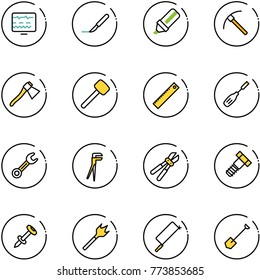 line vector icon set - diagnostic monitor vector, scalpel, highlight marker, rock axe, rubber hammer, ruler, chisel, wrench, plumber, bolt cutter, nail dowel, wood drill, metal hacksaw, shovel