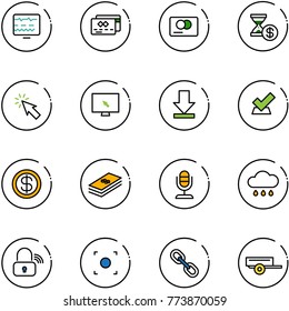 line vector icon set - diagnostic monitor vector, credit card, account history, cursor, download, check, dollar, microphone, rain cloud, wireless lock, record button, link, trailer