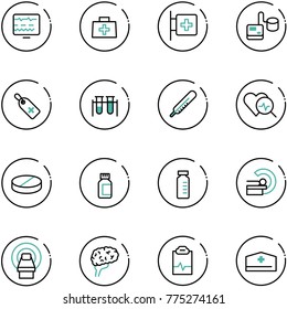 line vector icon set - diagnostic monitor vector, doctor bag, first aid room, tonometer, medical label, vial, thermometer, heart diagnosis, pill, pills bottle, mri, brain, pulse clipboard, hat