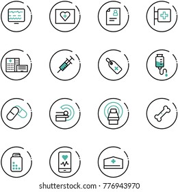 line vector icon set - diagnostic monitor vector, first aid kit, patient card, room, hospital building, syringe, medical label, drop counter, pills, mri, broken bone, bottle, mobile heart