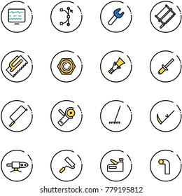 line vector icon set - diagnostic monitor vector, bezier, wrench, bucksaw, trowel, nut, dowel, clinch, metal hacksaw, Angular grinder, rake, scythe, pipe welding, paint roller, stapler, allen key