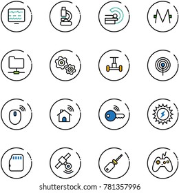line vector icon set - diagnostic monitor vector, lab, mri, monero, network folder, gears, gyroscope, antenna, mouse wireless, home, key, sun power, micro flash card, satellite, screwdriver