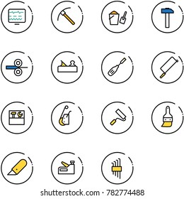 line vector icon set - diagnostic monitor vector, rock axe, bucket scoop, hammer, steel rolling, jointer, chisel, metal hacksaw, tool box, winch, paint roller, brush, work knife, stapler