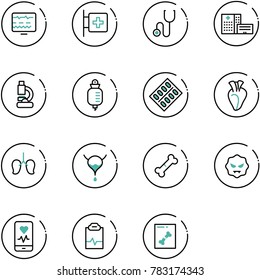 line vector icon set - diagnostic monitor vector, first aid room, stethoscope, hospital building, lab, drop counter, pills blister, heart, lungs, bladder, broken bone, virus, mobile, pulse clipboard