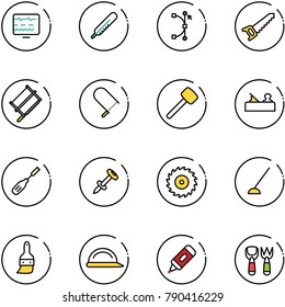 line vector icon set - diagnostic monitor vector, thermometer, bezier, saw, bucksaw, fretsaw, rubber hammer, jointer, chisel, nail dowel, disk, hoe, brush, construction helmet, marker