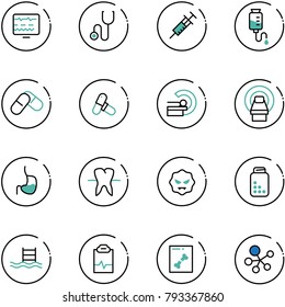 line vector icon set - diagnostic monitor vector, stethoscope, syringe, drop counter, pills, mri, stomach, tooth, virus, bottle, pool, pulse clipboard, x ray, molecule