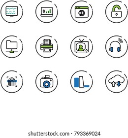 line vector icon set - diagnostic monitor vector, account statistics, browser globe, unlocked, network folder, printer, tv news, wireless headphones, fingerprint scanner, camera, water power plant