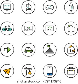 line vector icon set - diagnostic monitor vector, lab, pill, drop counter, bike, credit card, exchange, home, right arrow, car, pyramid flag, finance management, paper fly, ship bell, mobile phone