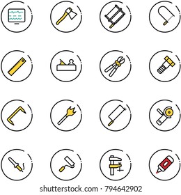 line vector icon set - diagnostic monitor vector, axe, bucksaw, fretsaw, ruler, jointer, bolt cutter, staple, wood drill, metal hacksaw, Angular grinder, soldering iron, paint roller, clamp, marker