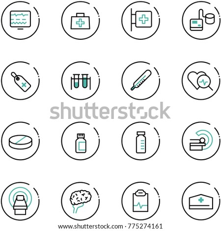 line vector icon set - diagnostic monitor vector, doctor bag, first aid room, tonometer, medical label, vial, thermometer, heart diagnosis, pill, pills bottle, mri, brain, pulse clipboard, hat