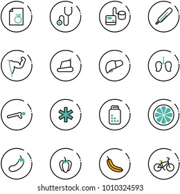 line vector icon set - diet list vector, stethoscope, tonometer, thermometer, power hand, treadmill, liver, lungs, push ups, ambulance star, pills bottle, lemon slice, eggplant, sweet pepper, banana
