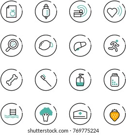 line vector icon set - diet list vector, drop counter, mri, heart beat, bacteria, lemon, liver, run, broken bone, tooth brush, liquid soap, pills bottle, pool, broccoli, doctor hat, strawberry