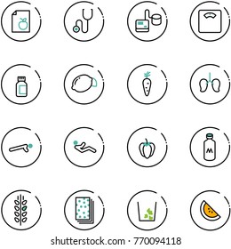 line vector icon set - diet list vector, stethoscope, tonometer, floor scales, pills bottle, lemon, carrot, lungs, push ups, abdominal muscles, sweet pepper, milk, spica, breads, garbage