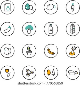 line vector icon set - diet list vector, blood test, lemon, carrot, eggplant, broccoli, milk, spica, eggs, flower pot, banana, palm, tulip, forest, oiler