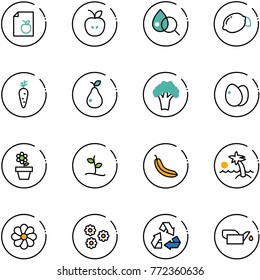line vector icon set - diet list vector, apple, blood test, lemon, carrot, pear, broccoli, eggs, flower pot, sproute, banana, palm, recycling, oiler