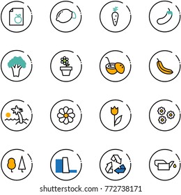 line vector icon set - diet list vector, lemon, carrot, eggplant, broccoli, flower pot, coconut cocktail, banana, palm, tulip, forest, water power plant, recycling, oiler