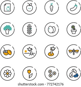 line vector icon set - diet list vector, apple, carrot, eggplant, broccoli, spica, eggs, flower pot, coconut cocktail, palm, dragonfly, tulip, recycling