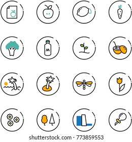 line vector icon set - diet list vector, apple, lemon, carrot, broccoli, milk, sproute, coconut cocktail, palm, dragonfly, tulip, flower, forest, water power plant, oiler