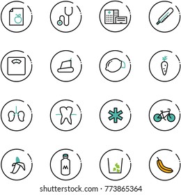 line vector icon set - diet list vector, stethoscope, hospital building, thermometer, floor scales, treadmill, lemon, carrot, lungs, tooth, ambulance star, bike, banana, milk, garbage
