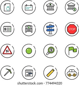 line vector icon set - diet list vector, schedule, bank, account, finance calendar, money chest, road signpost sign, stop, oncoming traffic, record, search, flag, job, terms plan, ruler, car