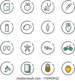 line vector icon set - diet list vector, apple, stethoscope, pipette, vial, lemon, carrot, heart, lungs, gymnastics, abdominal muscles, bike, banana, breads, pineapple, strawberry