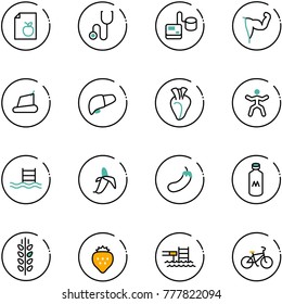 line vector icon set - diet list vector, stethoscope, tonometer, power hand, treadmill, liver, heart, gymnastics, pool, banana, eggplant, milk, spica, strawberry, bike