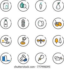 line vector icon set - diet list vector, blood test, carrot, pear, milk, spica, eggs, coconut cocktail, palm, dragonfly, forest, water power plant, recycling, oiler