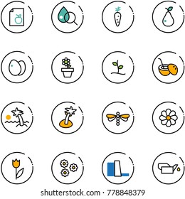 line vector icon set - diet list vector, blood test, carrot, pear, eggs, flower pot, sproute, coconut cocktail, palm, dragonfly, tulip, water power plant, oiler