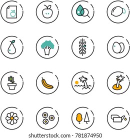 line vector icon set - diet list vector, apple, blood test, lemon, pear, broccoli, spica, eggs, flower pot, banana, palm, forest, oiler