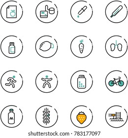 line vector icon set - diet list vector, tonometer, pipette, thermometer, pills bottle, lemon, carrot, lungs, run, gymnastics, bike, milk, spica, strawberry, pool