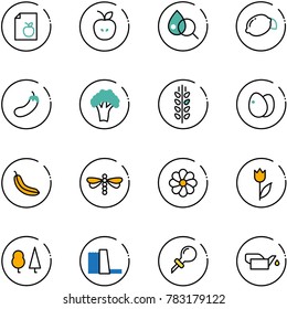 line vector icon set - diet list vector, apple, blood test, lemon, eggplant, broccoli, spica, eggs, banana, dragonfly, flower, tulip, forest, water power plant, oiler