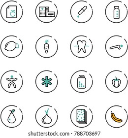 line vector icon set - diet list vector, hospital building, pipette, vial, lemon, carrot, tooth, push ups, gymnastics, ambulance star, pills bottle, sweet pepper, pear, onion, breads, banana