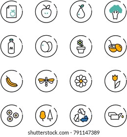 line vector icon set - diet list vector, apple, pear, broccoli, milk, eggs, flower pot, coconut cocktail, banana, dragonfly, tulip, forest, recycling, oiler